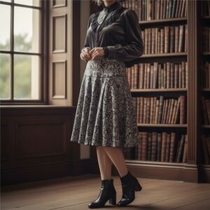 Lucky & Coco ✦ Damask Pleated Skirt ✦ Black Grey Gothic Silky Lined Romantic S